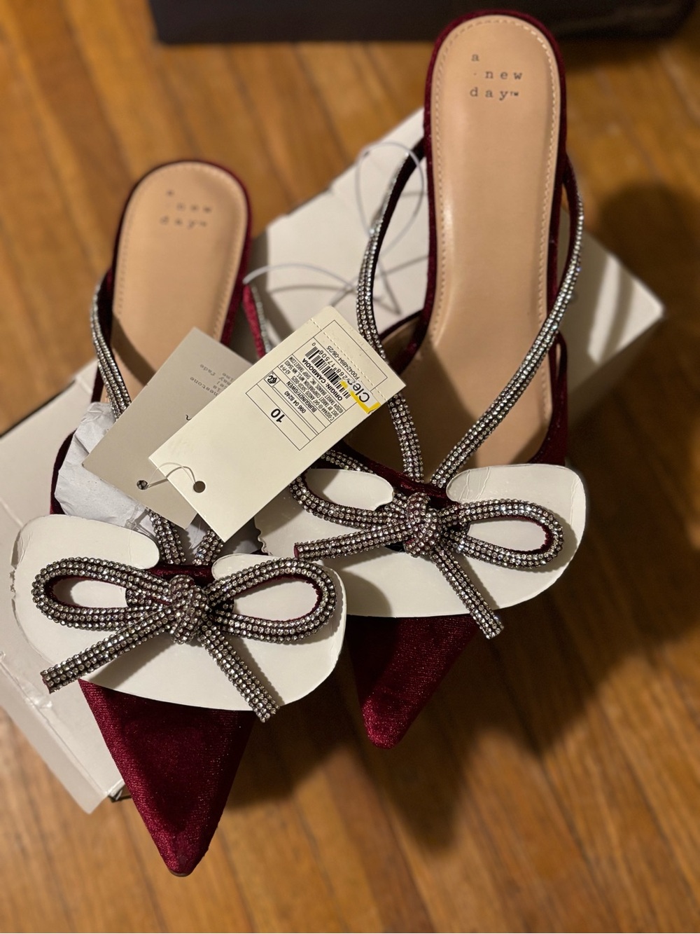 a new day Burgundy velvet Pointed-Toe Mule with Crystal Bow